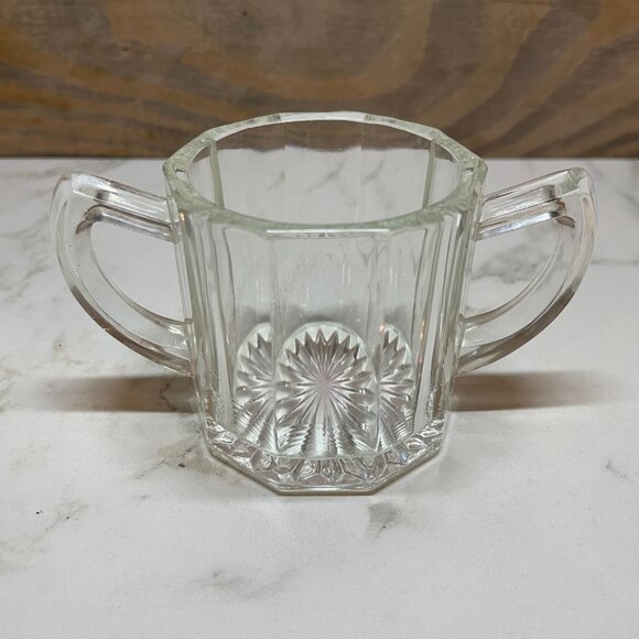 Clear Glass Sugar Bowl and Creamer Set Flower Cut Glass Design on Bottom - Picture 4 of 5